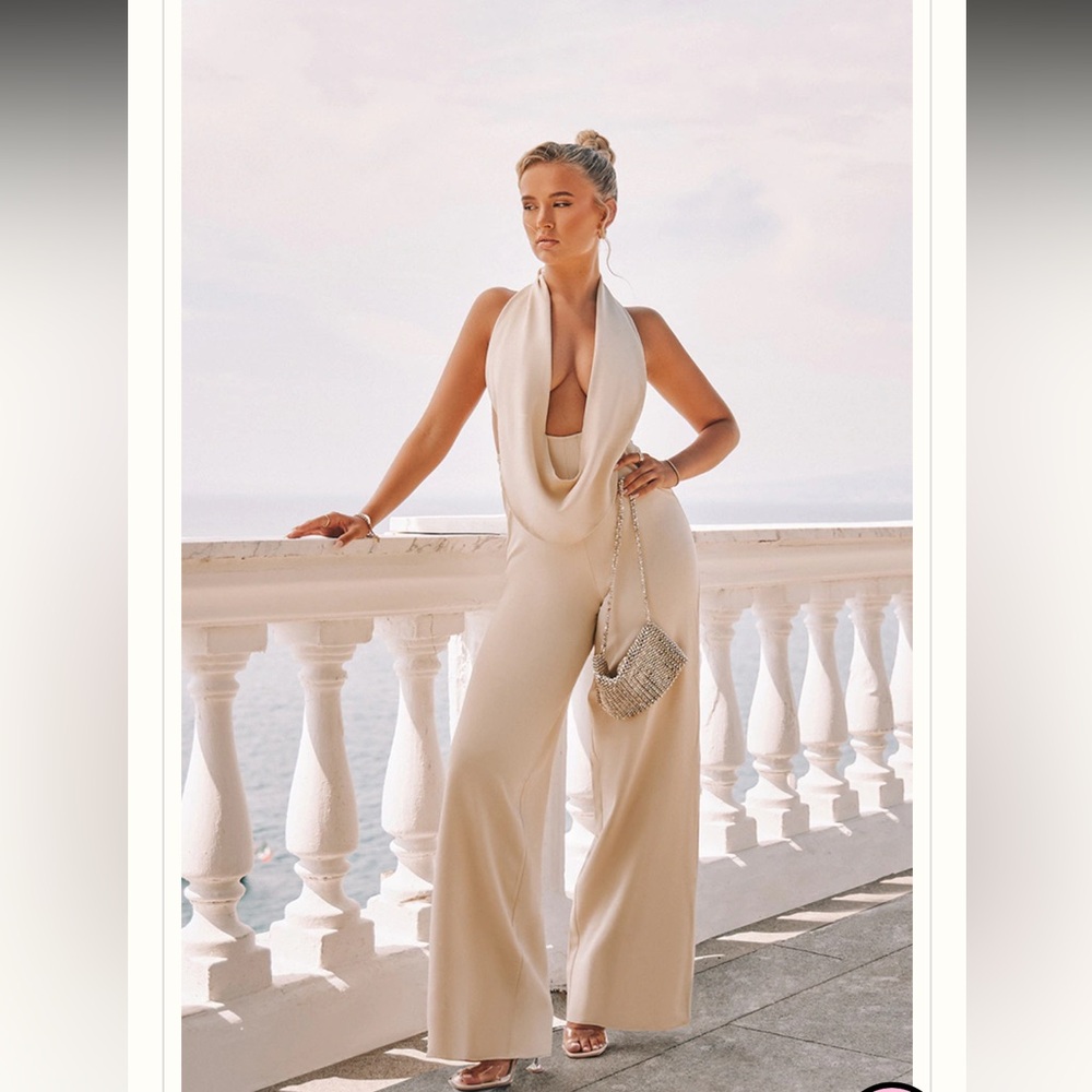 CREAM PLUNGE COWL NECK DRAPE JUMPSUIT